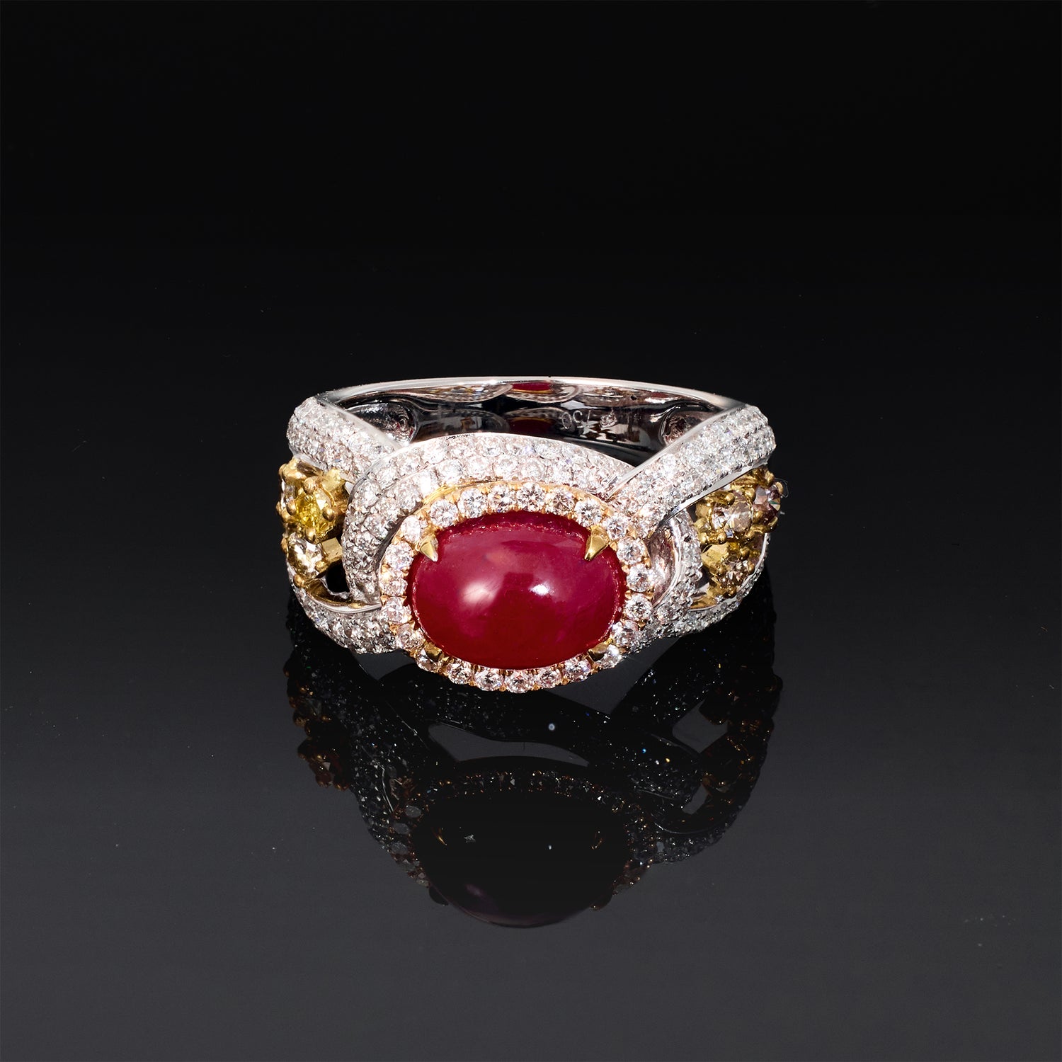18K White Gold Ring with an Natural Oval Ruby and Fancy Diamonds
