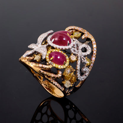 18K Yellow Gold Ring with Natural Ruby &amp; Fancy Diamonds