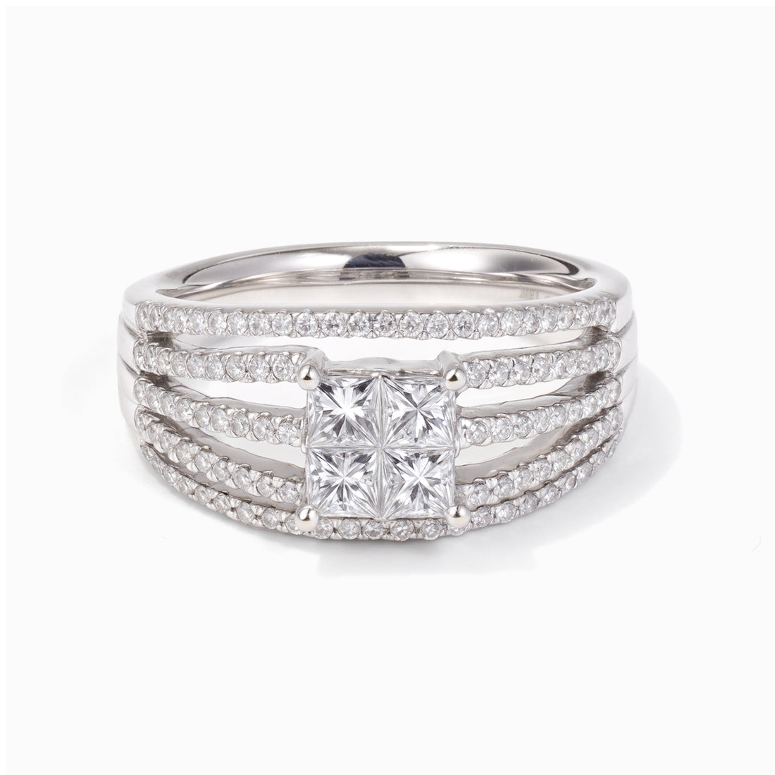 18K White Gold Princess - Cut Quad Diamond Halo Engagement Ring - Jewelry And Store