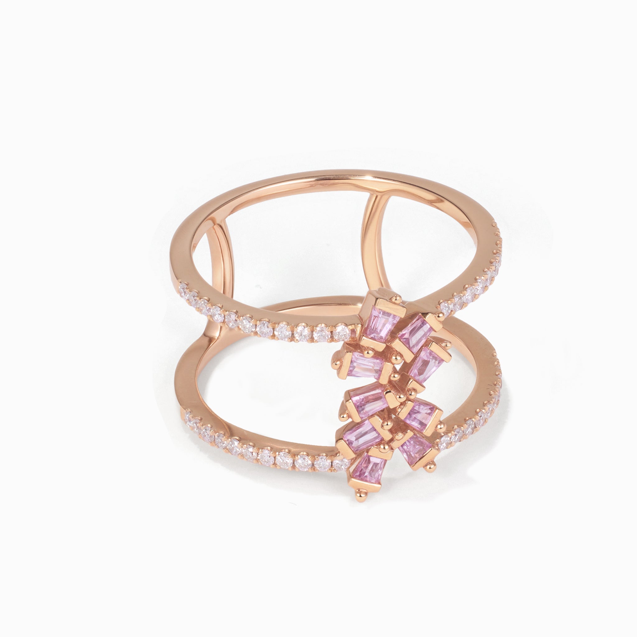18K Gold Natural Diamond &amp; Pink Sapphire Double Row Ring - Jewelry And Store