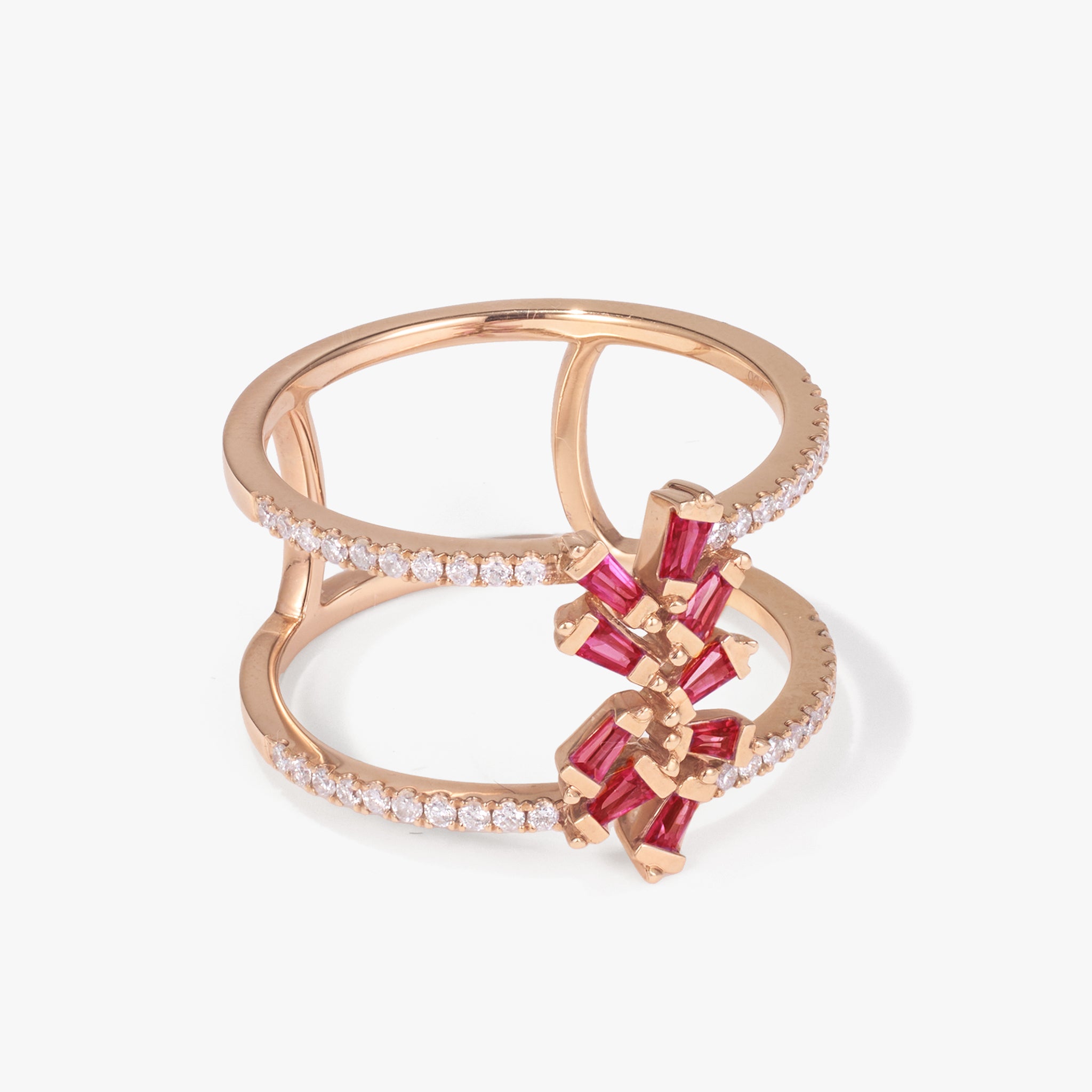 18K Gold Natural Diamond &amp; Ruby Double Row Ring