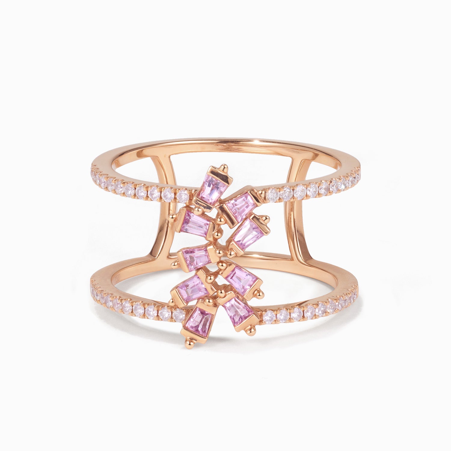 18K Gold Natural Diamond &amp; Pink Sapphire Double Row Ring - Jewelry And Store