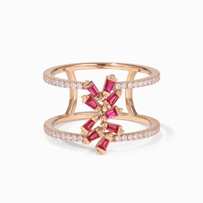 18K Gold Natural Diamond &amp; Ruby Double Row Ring
