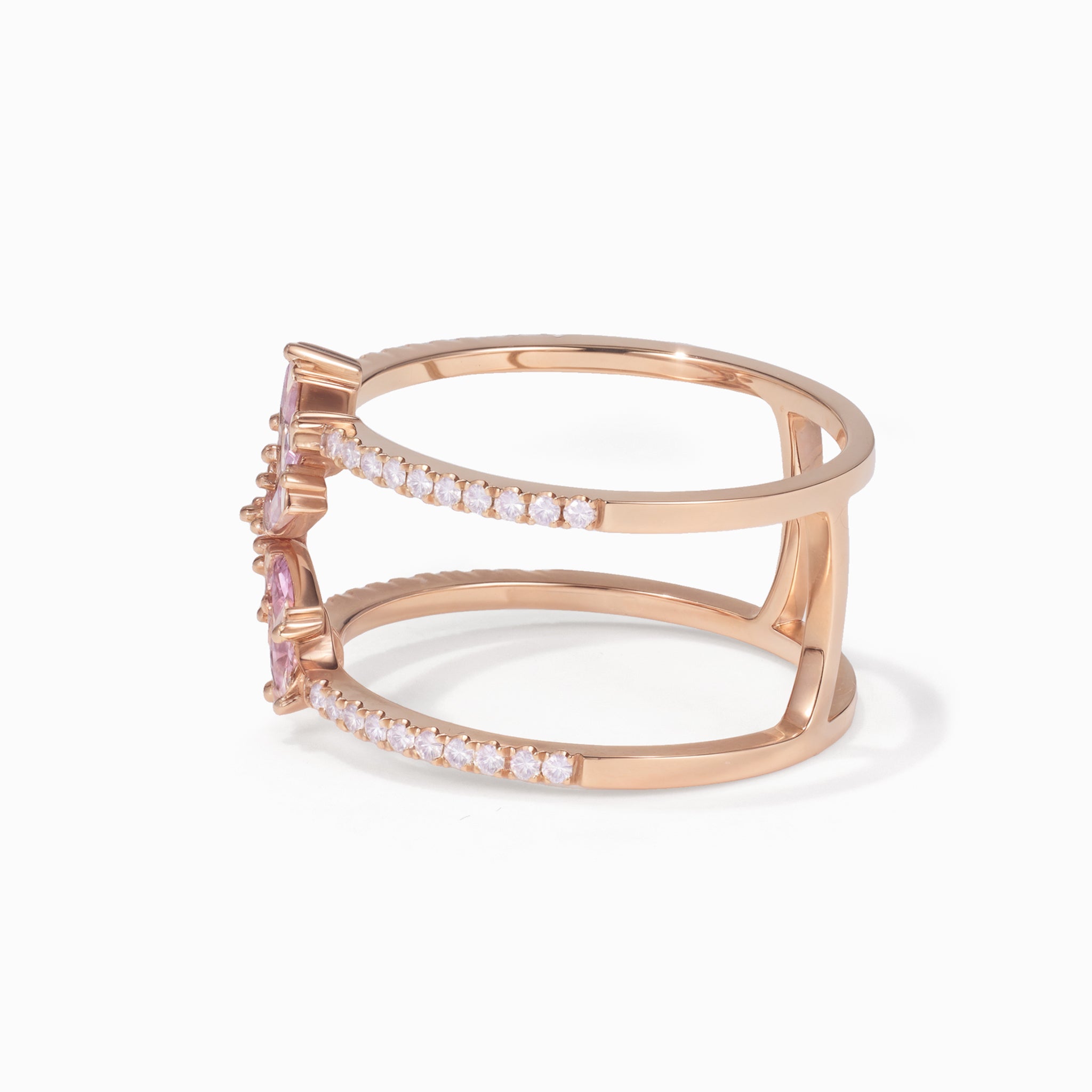 18K Gold Natural Diamond &amp; Pink Sapphire Double Row Ring - Jewelry And Store