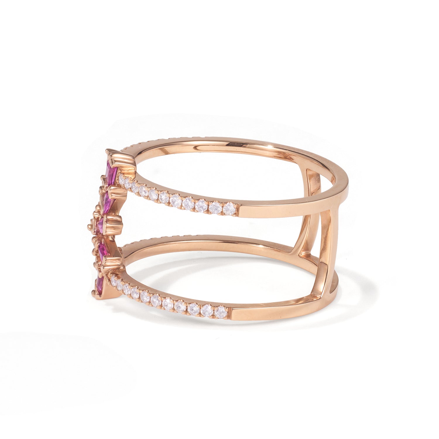 18K Gold Natural Diamond &amp; Ruby Double Row Ring