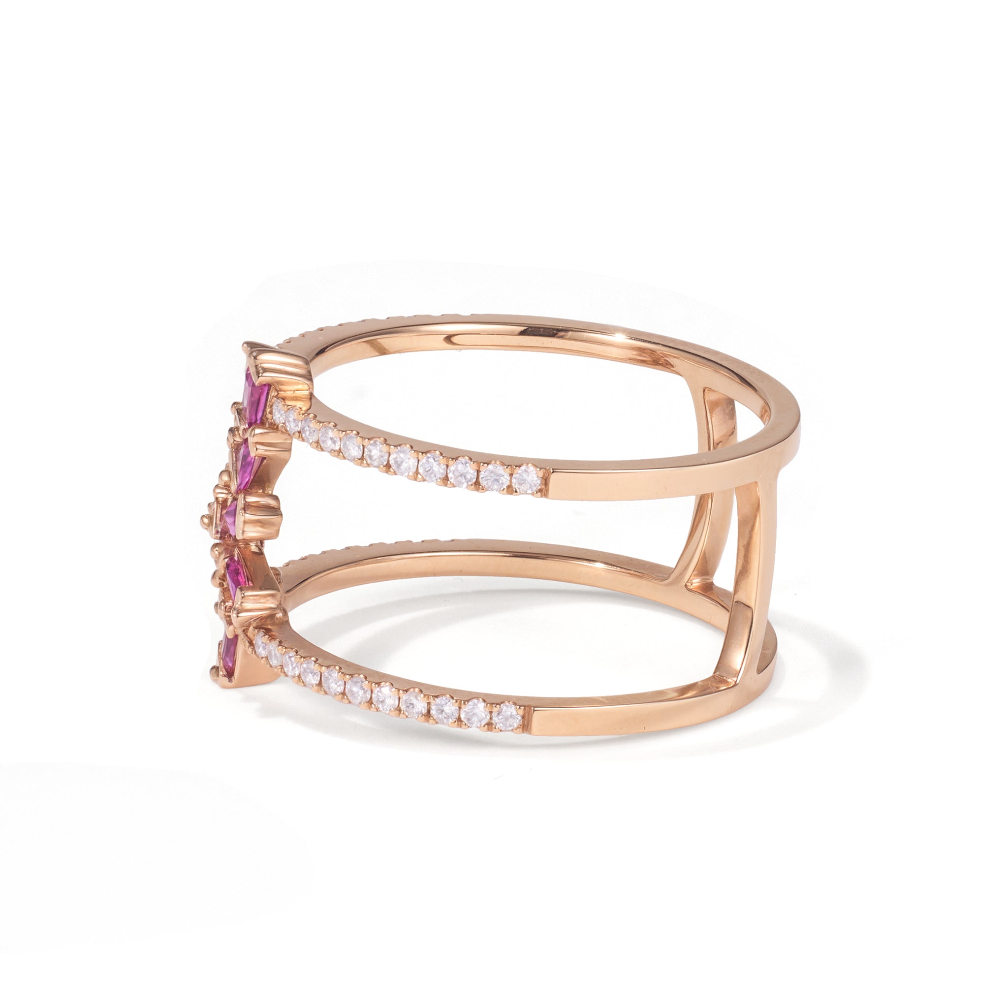 18K Gold Natural Diamond &amp; Ruby Double Row Ring