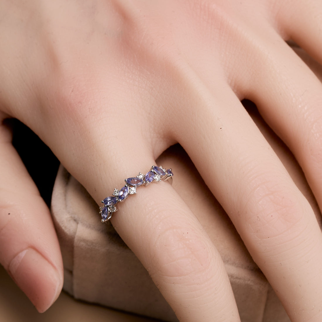 18K Gold Marquise Floral Ring with Natural Diamond and Lavender - Jewelry And Store