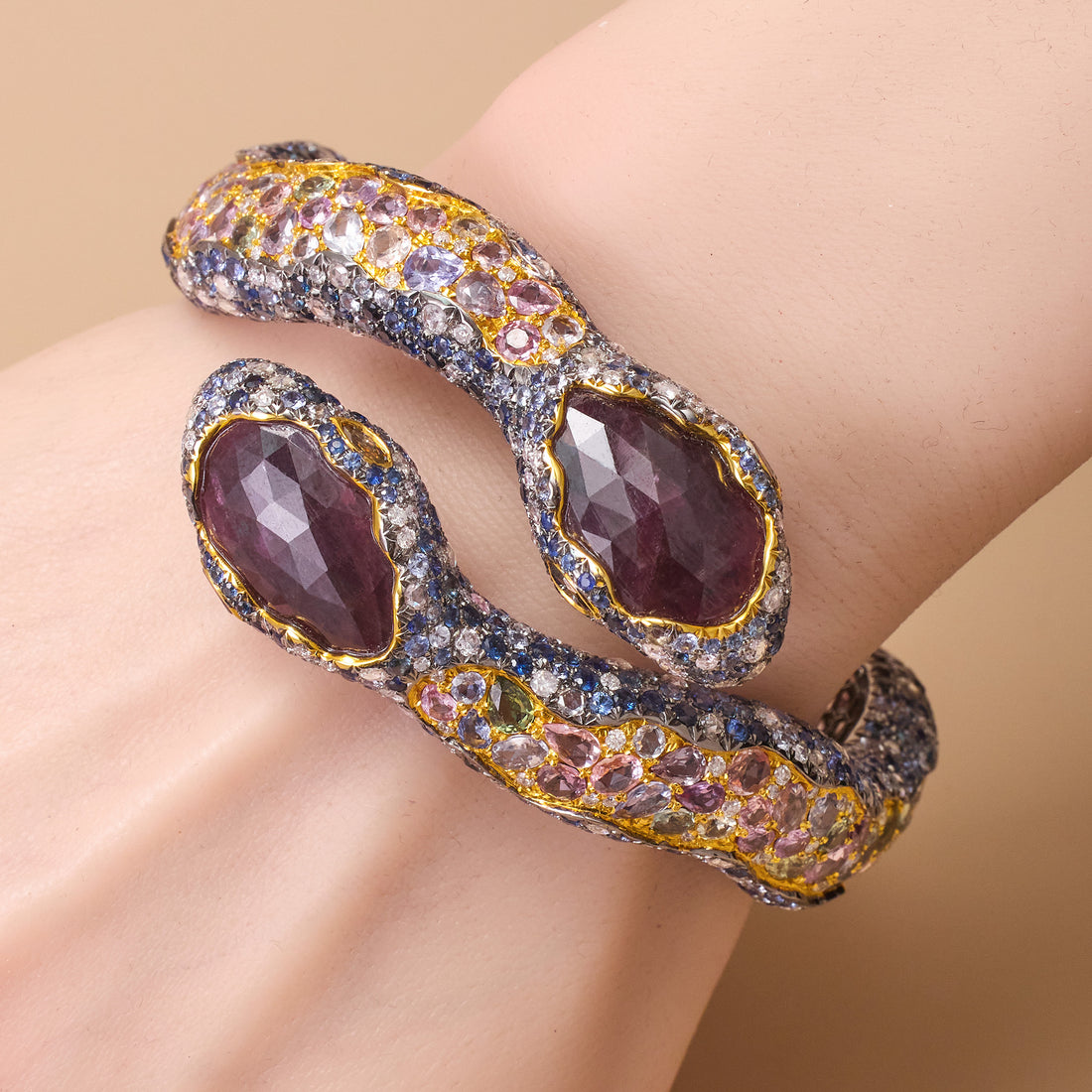 18K Gold Celestial Serpent Bangle with Sapphires, Diamonds & Tourmalines - Jewelry And Store