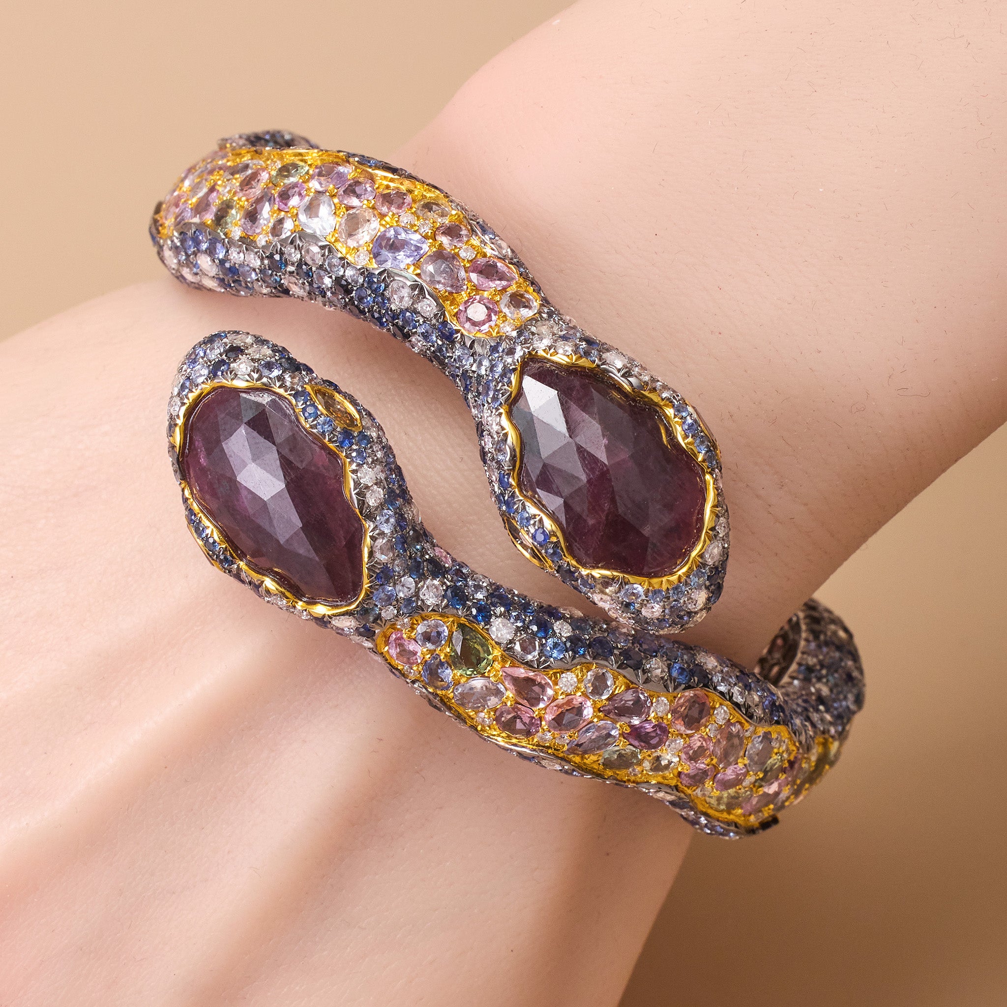 18K Gold Celestial Serpent Bangle with Sapphires, Diamonds &amp; Tourmalines - Jewelry And Store
