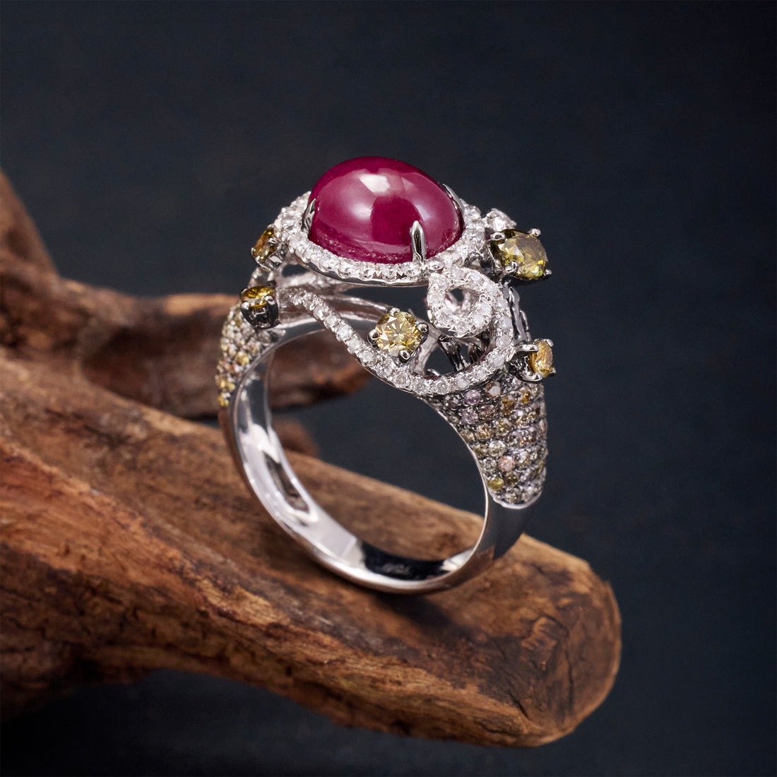 18K Gold Ring with Oval Ruby and Color Diamonds - Jewelry And Store