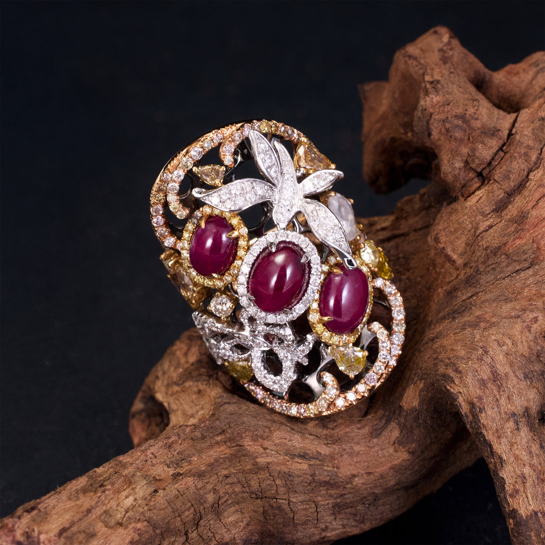 18K Yellow Gold Ring with Natural Ruby &amp; Fancy Diamonds - Jewelry And Store