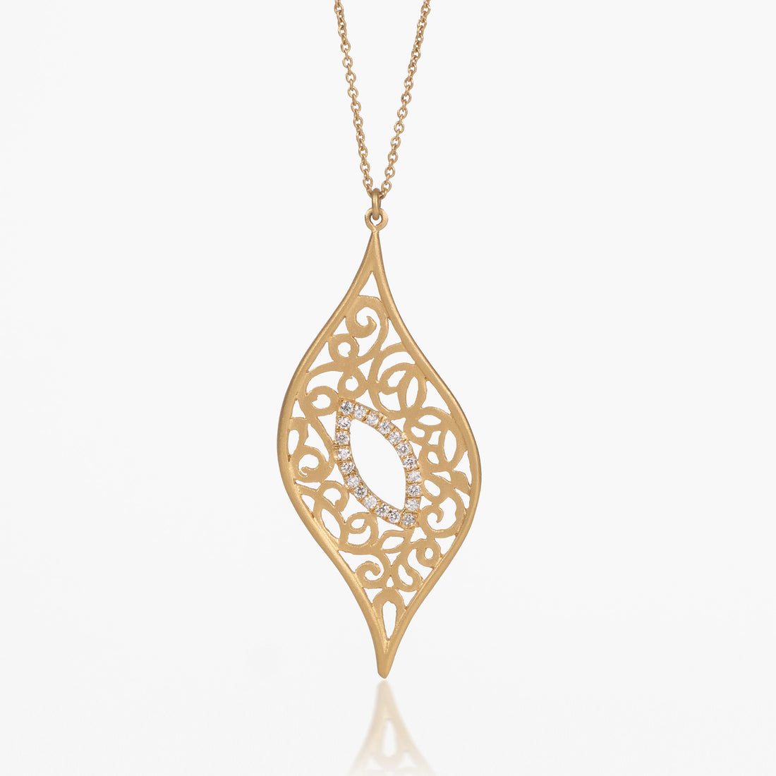 14K Matte Gold Leaf - Shaped Filigree Pendant with Natural Diamonds - Jewelry And Store