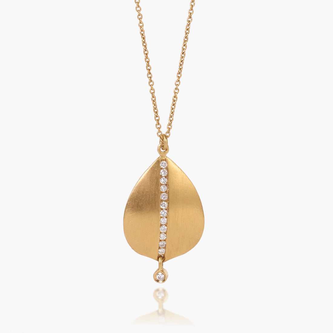 14K Solid Gold Leaf Pendant Necklace with Natural Diamonds and Handcrafted Brushed Finish - Jewelry And Store