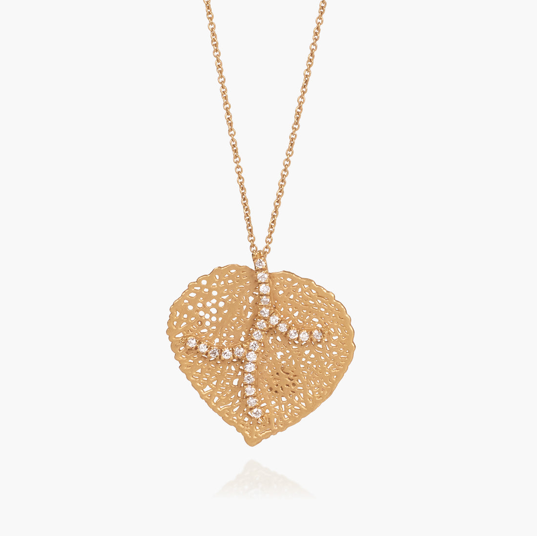 14K Matte Gold Filigree Leaf Pendant with Natural Diamonds - Jewelry And Store