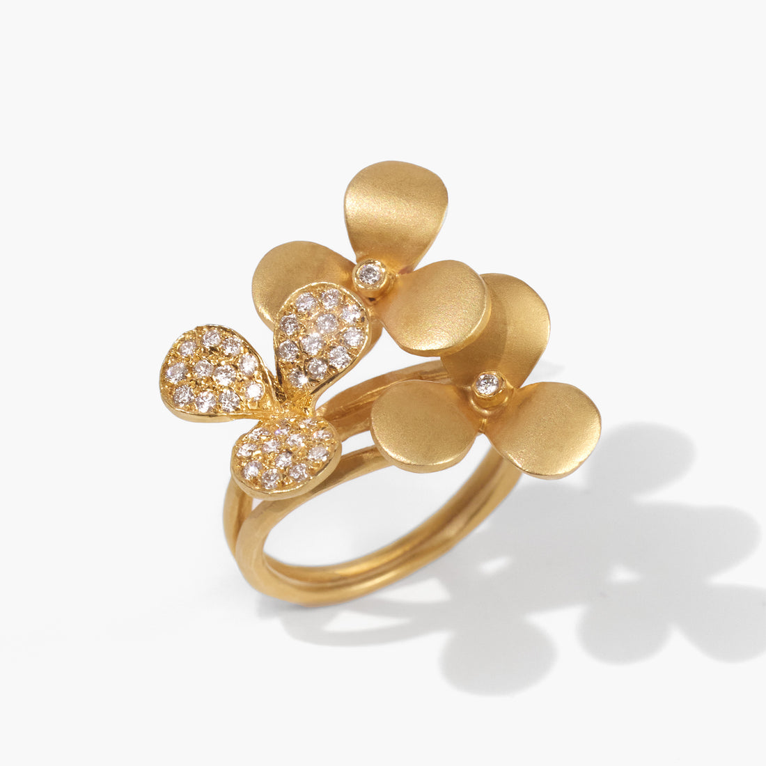 14K Matte Gold Flower Ring with Natural Diamonds - JewelryAndStore