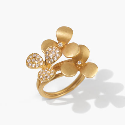 14K Matte Gold Flower Ring with Natural Diamonds - JewelryAndStore