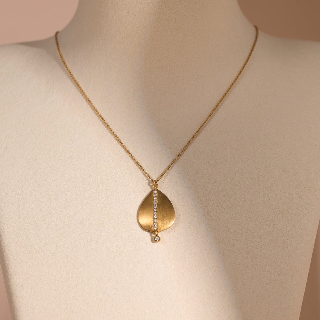 14K Solid Gold Leaf Pendant Necklace with Natural Diamonds and Handcrafted Brushed Finish - Jewelry And Store