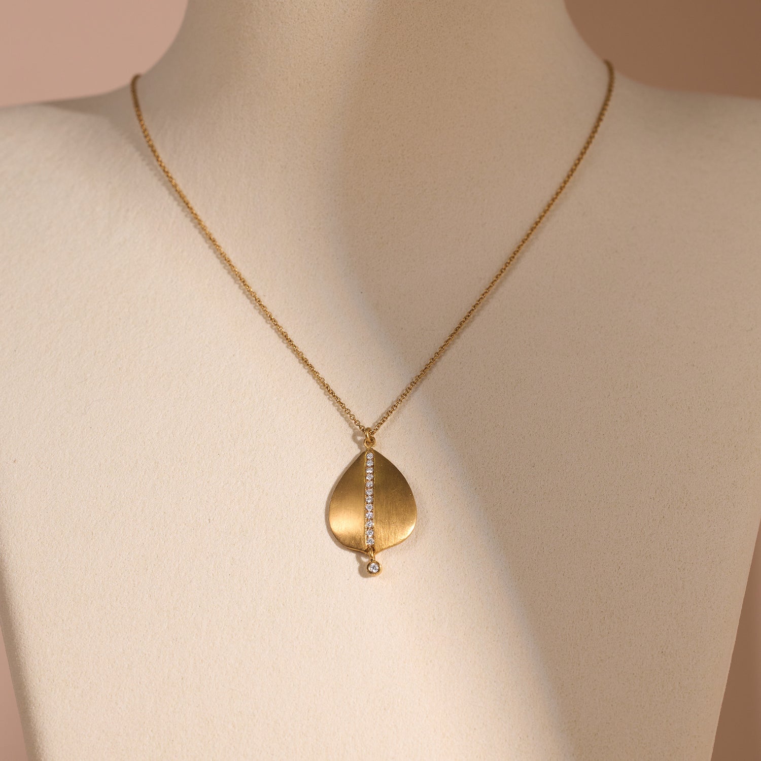 14K Solid Gold Leaf Pendant Necklace with Natural Diamonds and Handcrafted Brushed Finish - Jewelry And Store