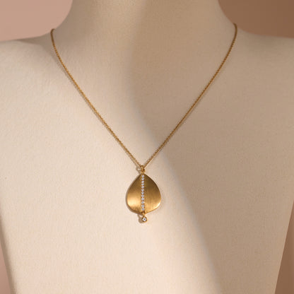 14K Solid Gold Leaf Pendant Necklace with Natural Diamonds and Handcrafted Brushed Finish - Jewelry And Store