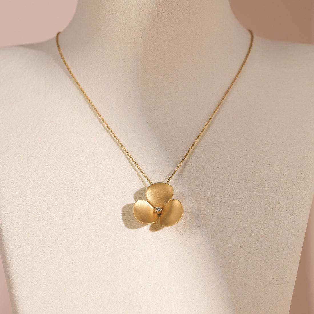 14K Matte Gold Flower Pendant Necklace with Natural Diamonds - Jewelry And Store