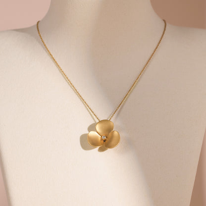 14K Matte Gold Flower Pendant Necklace with Natural Diamonds - Jewelry And Store