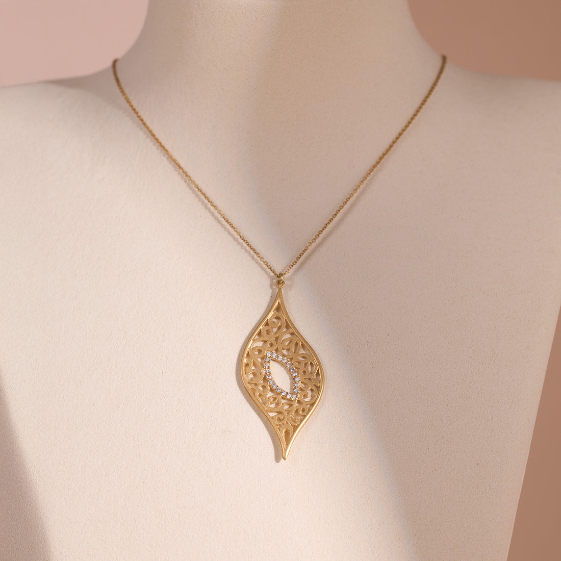 14K Matte Gold Leaf - Shaped Filigree Pendant with Natural Diamonds - Jewelry And Store