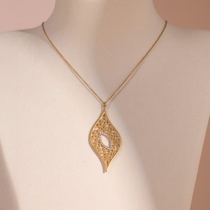 14K Matte Gold Leaf - Shaped Filigree Pendant with Natural Diamonds - Jewelry And Store