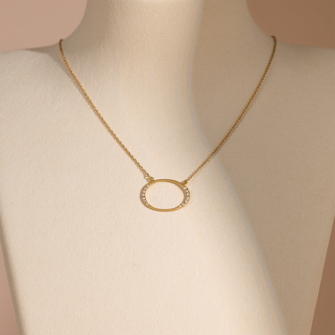 14K Matte Gold Oval Necklace with Natural Diamonds - Jewelry And Store