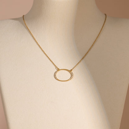 14K Matte Gold Oval Necklace with Natural Diamonds - Jewelry And Store