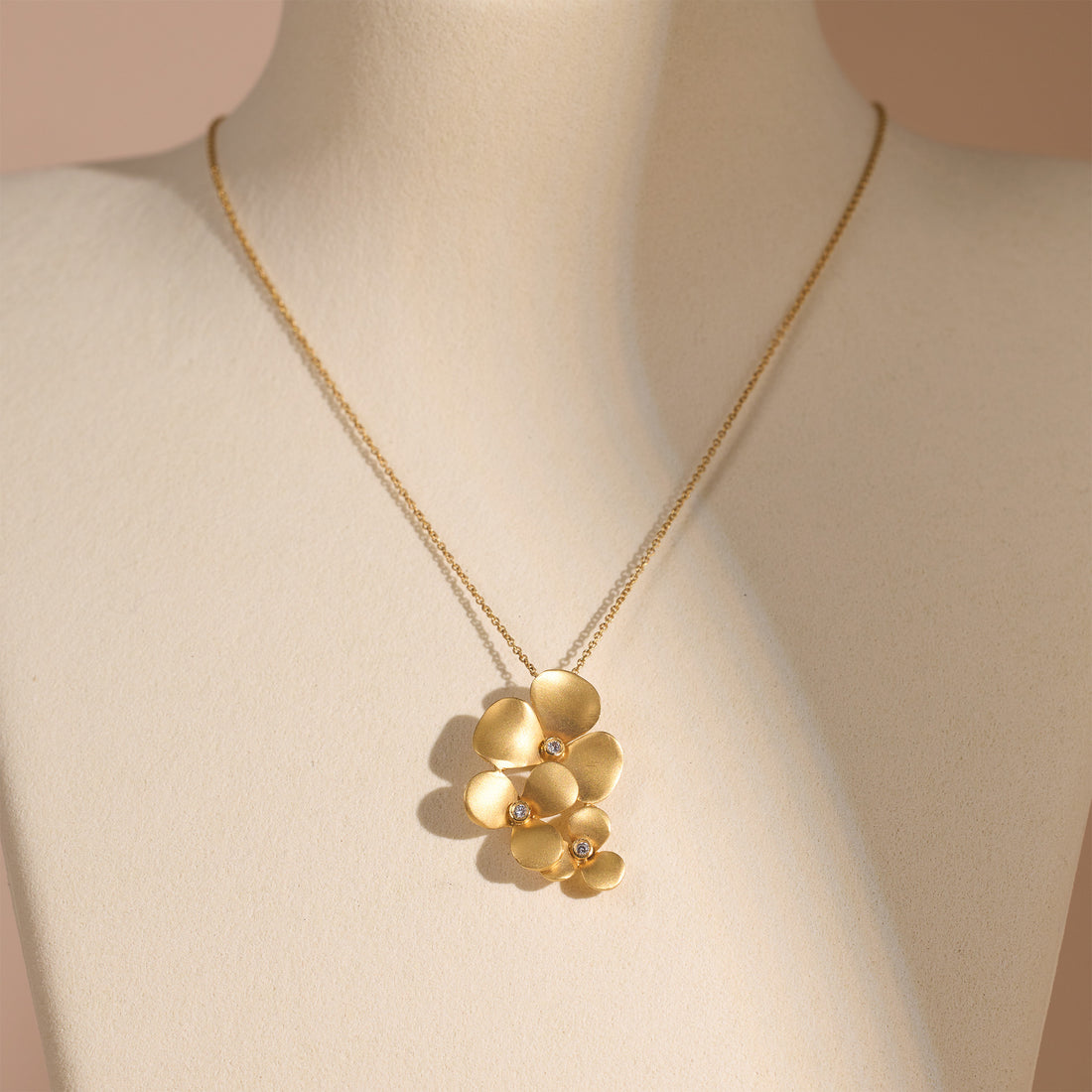 14K Matte Gold Floral Pendant Necklace with Natural Diamonds - Jewelry And Store