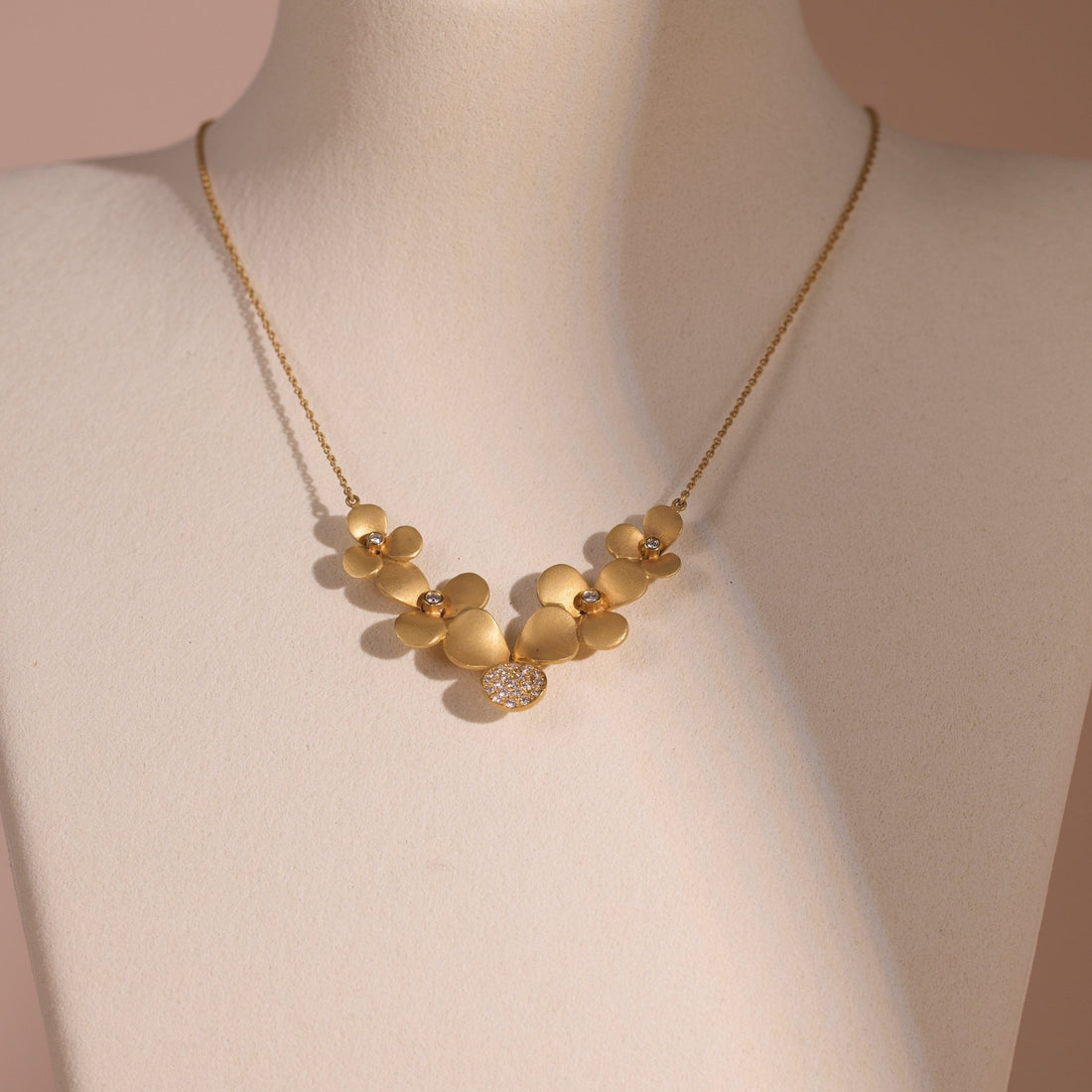 14K Matte Gold Floral Necklace with Natural Diamonds - Jewelry And Store