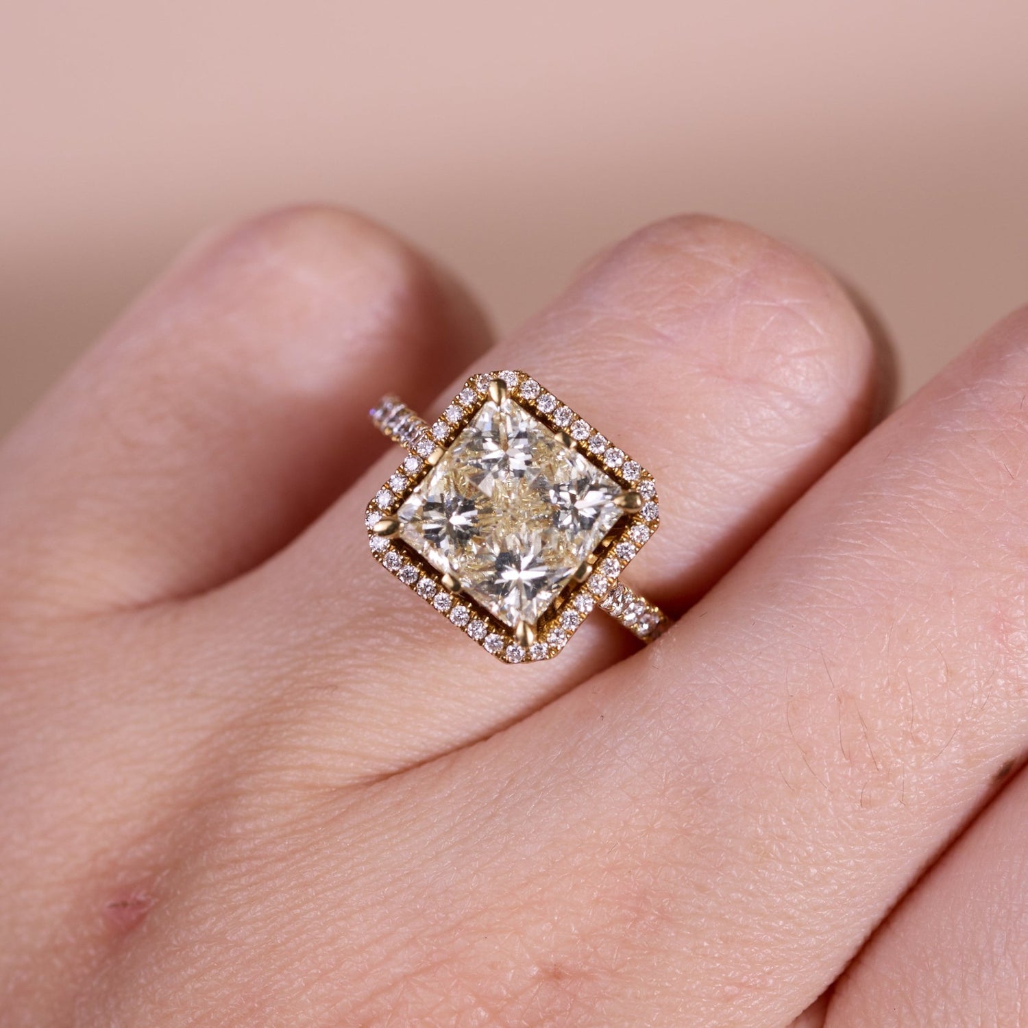 18K Yellow Gold Square Halo Ring with Natural Yellow Diamonds - JewelryAndStore