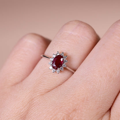 0.63ct Natural Ruby and Diamond Cluster Solitaire Ring in 18K White Gold - JewelryAndStore