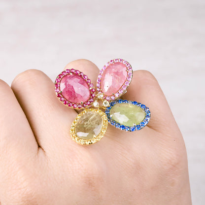 18K Gold Diamond and Slice Sapphire Flower Ring - Jewelry And Store