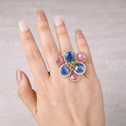 18K Gold Diamond and Slice Sapphire Flower Ring - Jewelry And Store