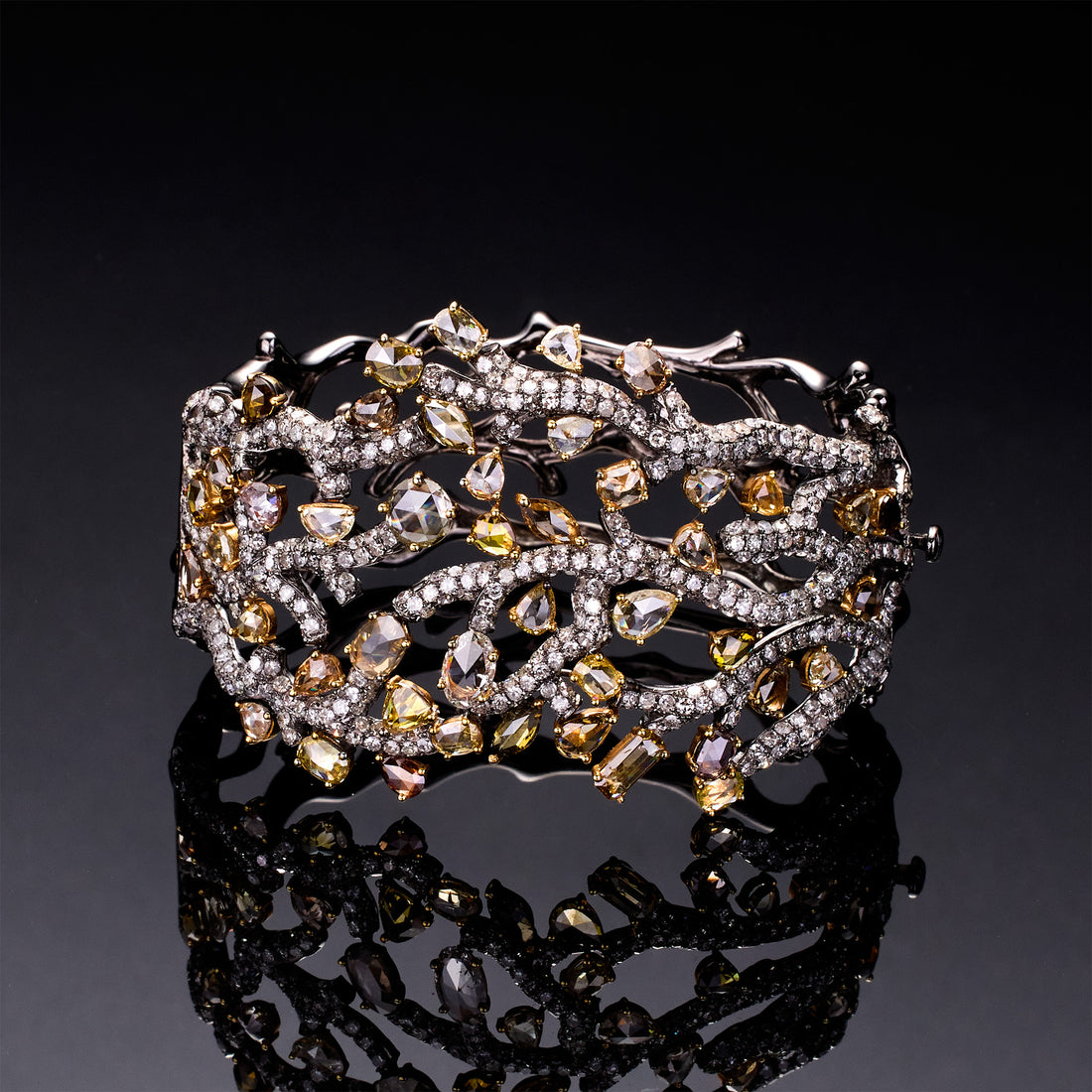18K Black Gold Bangle with Natural White Diamonds &amp; Color Diamonds - Jewelry And Store
