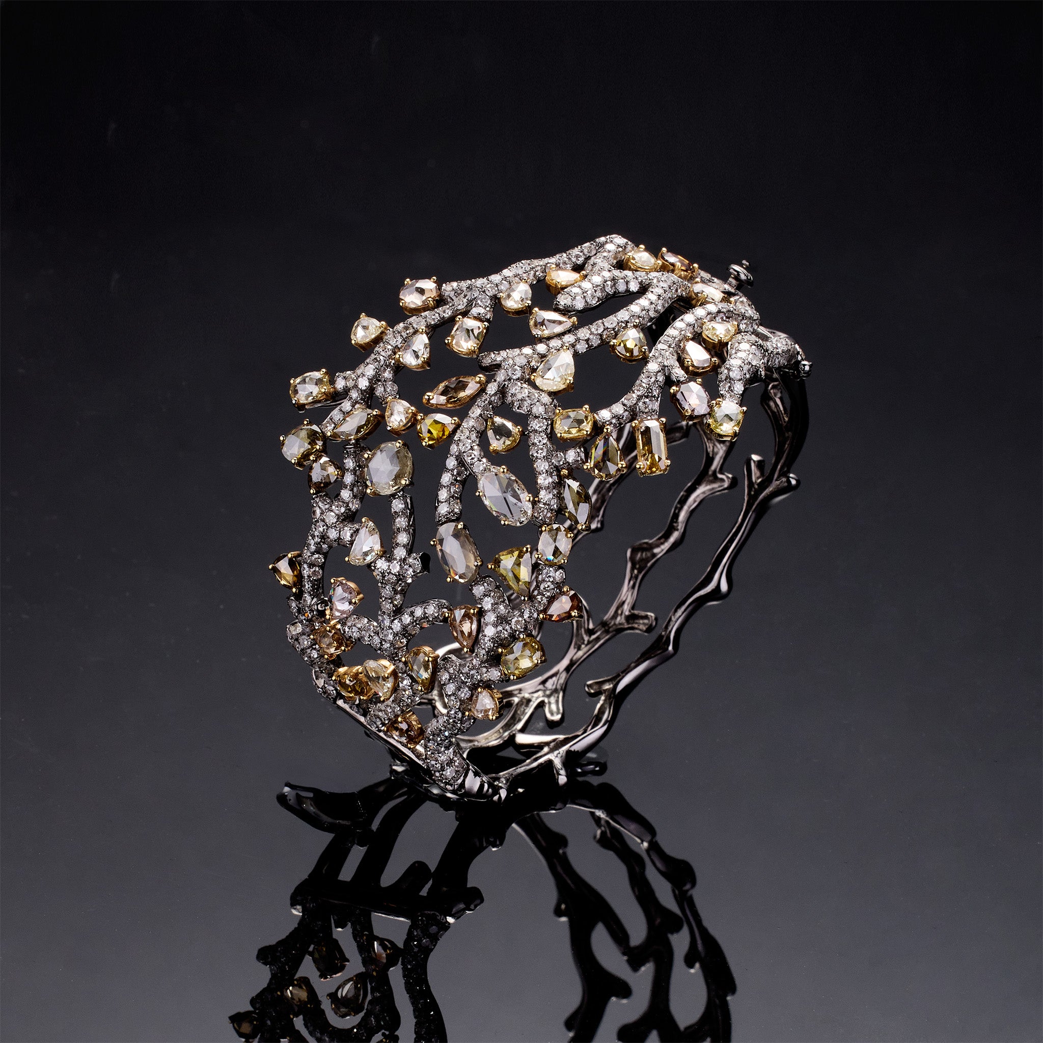 18K Black Gold Bangle with Natural White Diamonds &amp; Color Diamonds - Jewelry And Store
