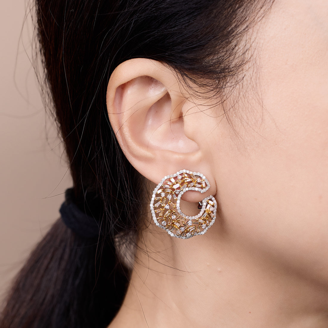 18K Gold Crescent Earrings with Natural White Diamonds - Jewelry And Store