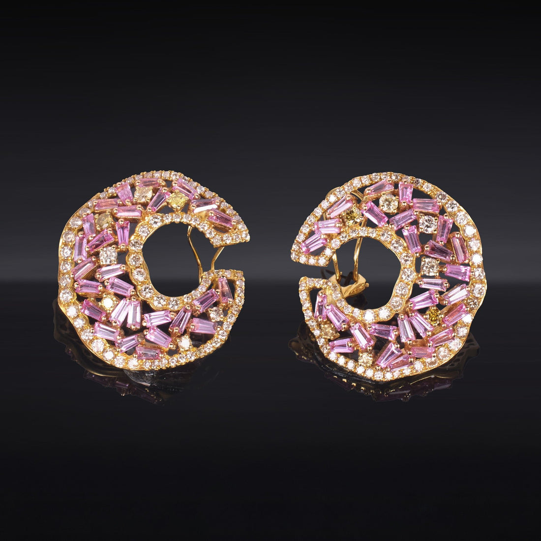 18K Gold Crescent Earrings with Natural Diamonds &amp; Pink Sapphires - Jewelry And Store