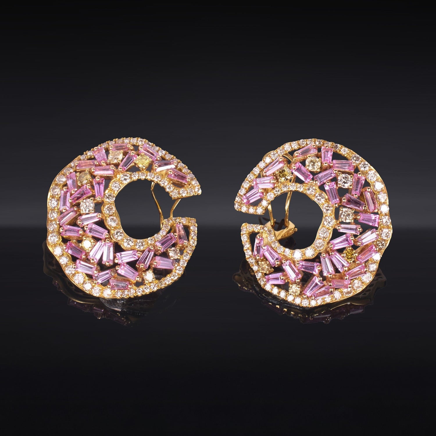 18K Gold Crescent Earrings with Natural Diamonds &amp; Pink Sapphires - Jewelry And Store