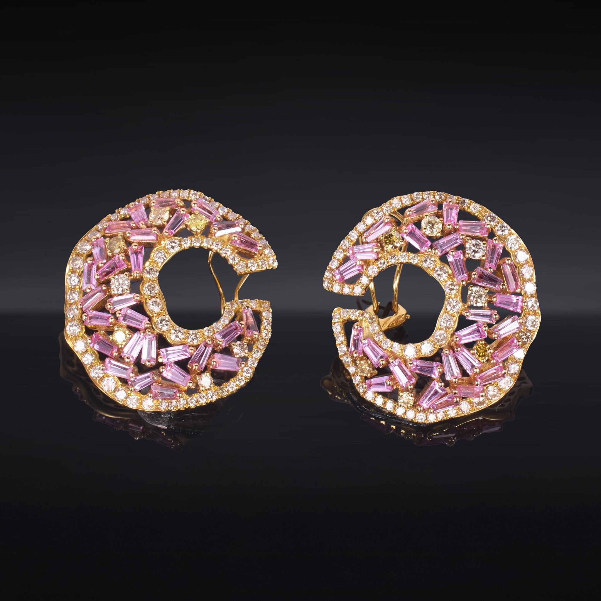 18K Gold Crescent Earrings with Natural Diamonds &amp; Pink Sapphires - Jewelry And Store