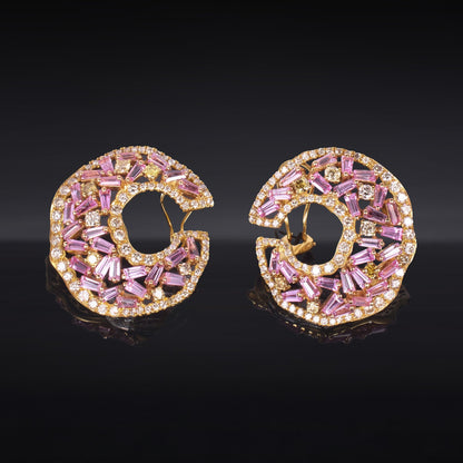 18K Gold Crescent Earrings with Natural Diamonds &amp; Pink Sapphires - Jewelry And Store