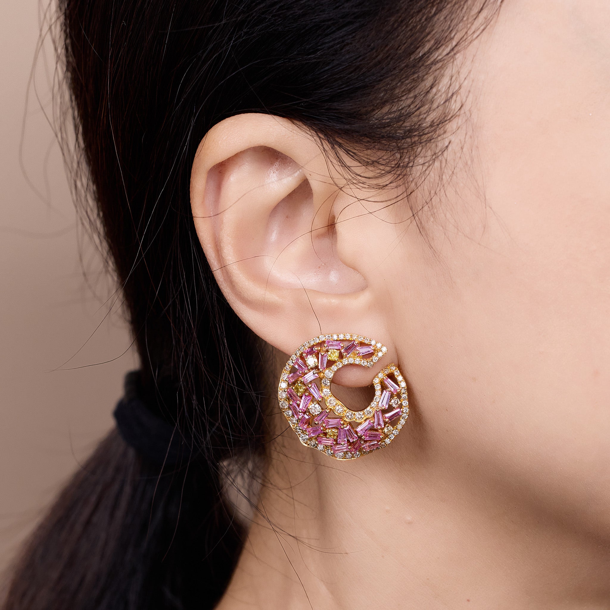 18K Gold Crescent Earrings with Natural Diamonds &amp; Pink Sapphires - Jewelry And Store