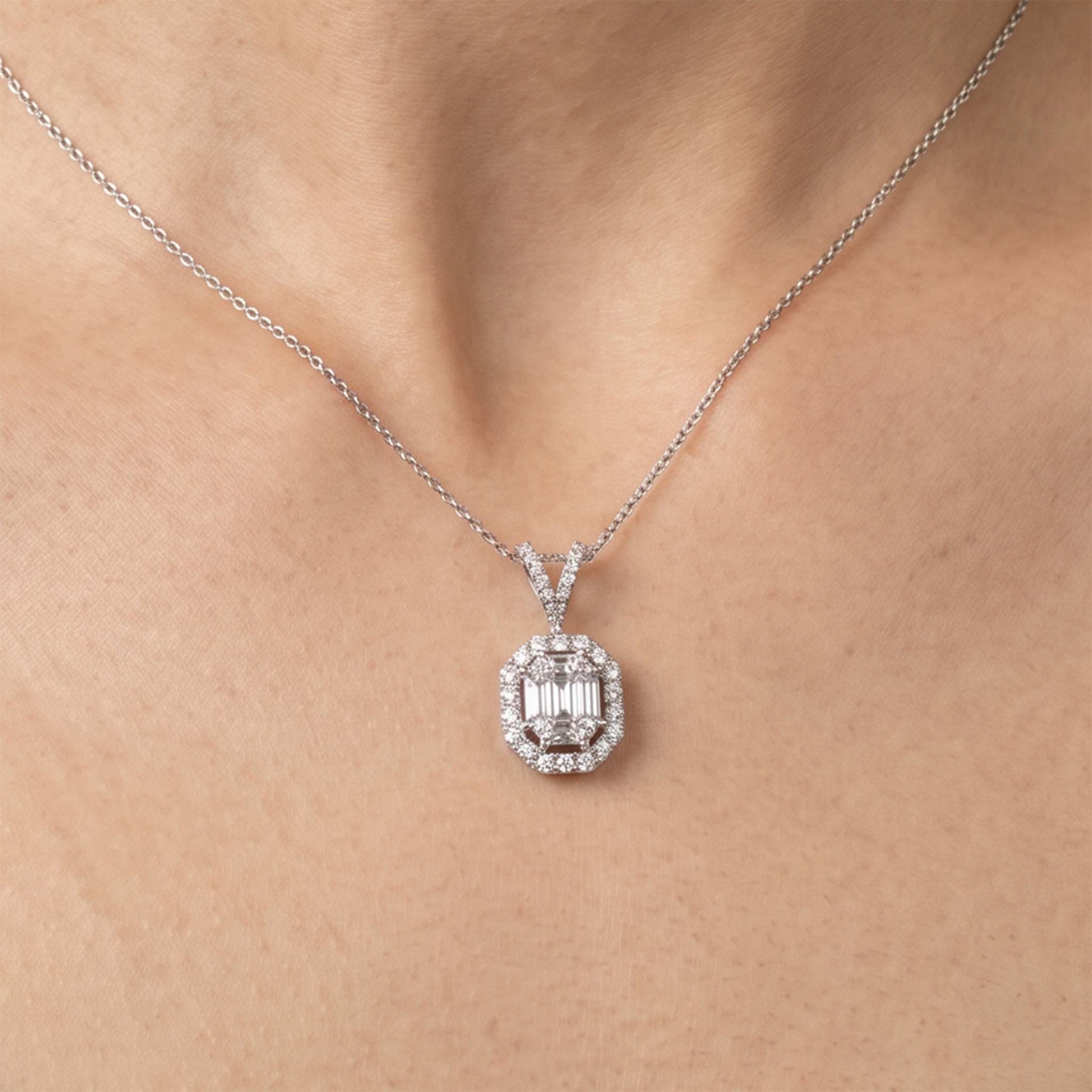 1.17ct Natural Diamond Emerald-Cut Illusion Pendant in 18K Gold - JewelryandStore