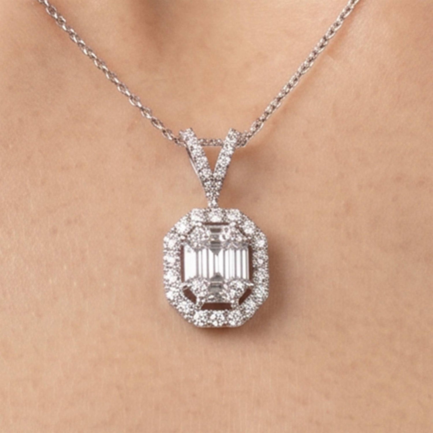 1.17ct Natural Diamond Emerald-Cut Illusion Pendant in 18K Gold - JewelryandStore
