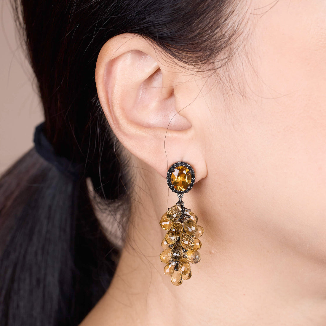 64.62ct Citrine and Black Diamond Drop Earrings in 18K Black Gold - JewelryAndStore
