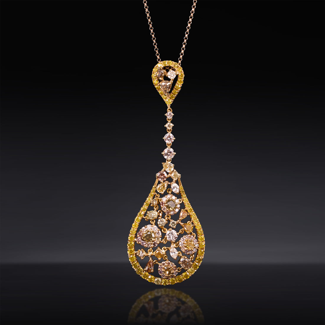 18K Yellow Gold Teardrop Pendant with Fancy &amp; White Diamonds - Jewelry And Store
