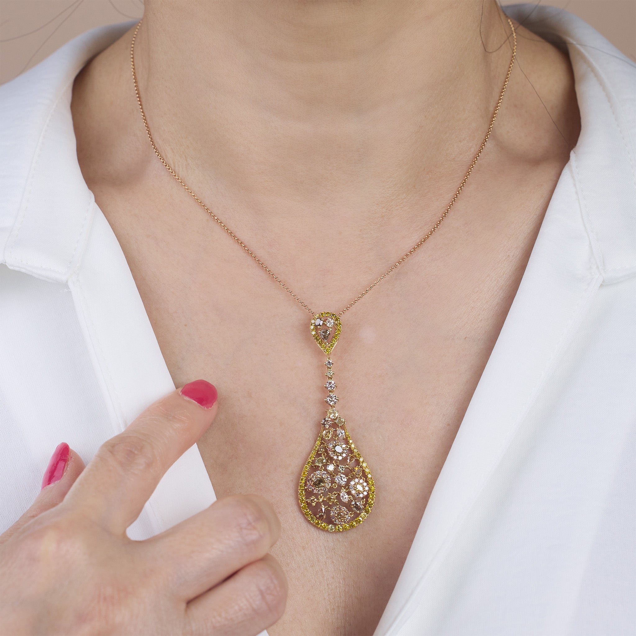 18K Yellow Gold Teardrop Pendant with Fancy &amp; White Diamonds - Jewelry And Store