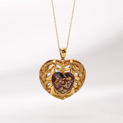 18K Gold Smoky Quartz and Diamond Heart Pendant - Jewelry And Store