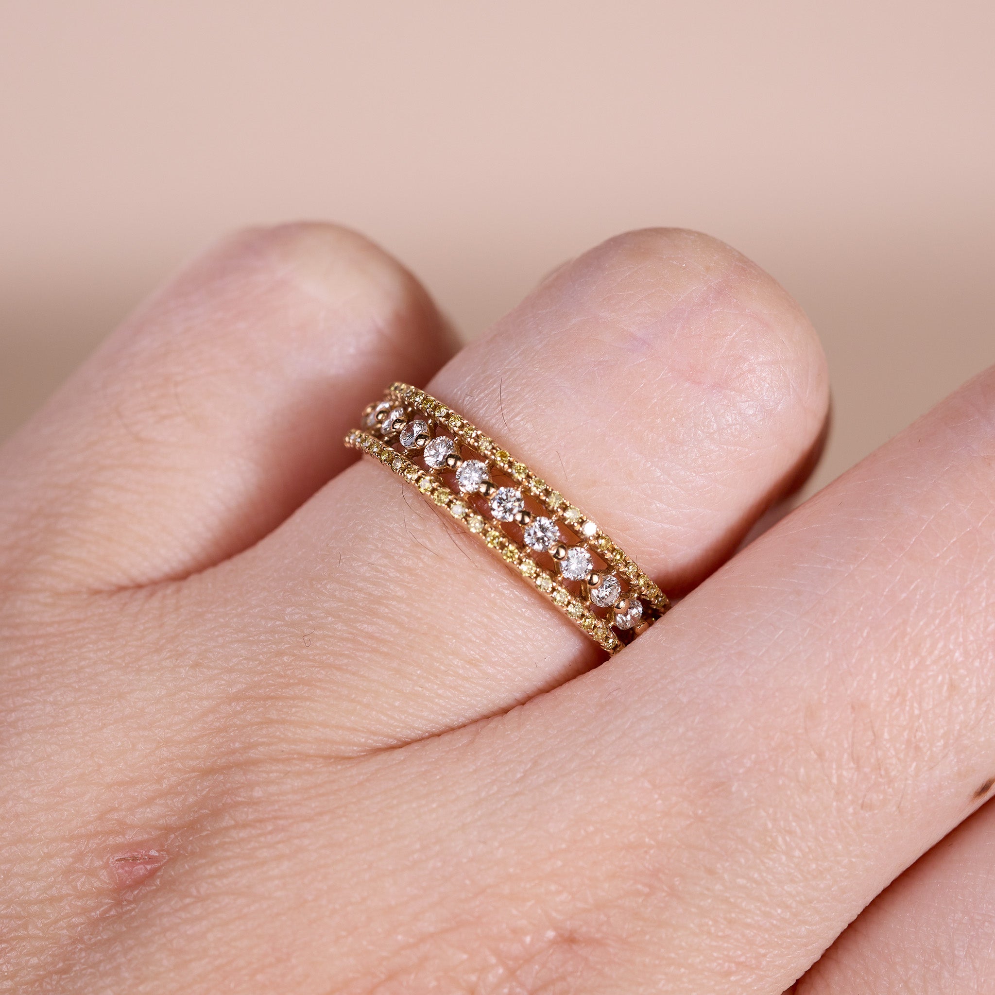 18K Gold Double‑Row Diamond Band with Natural Yellow Diamond Accents - JewelryAndStore